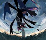  animal_focus apios1 aqua_eyes blue_eyes character_request day field flying glowing glowing_eyes grass highres looking_at_viewer nature no_humans outdoors pokemon pokemon_(creature) sky sylveon wind 