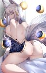  1girl absurdres animal_ear_fluff animal_ears ass azur_lane bare_back blue_eyes breasts eyebrows_visible_through_hair floral_print from_behind gold_trim highres japanese_clothes kimono kitsune large_breasts large_tail long_hair looking_back moon_phases purple_kimono samip shinano_(azur_lane) slit_pupils tail white_hair white_tail 