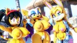  3d_(artwork) anthro archie_comics beach bunnie_rabbot chiropteran digital_media_(artwork) domestic_cat felid feline felis female genitals gesture group hi_res honey_the_cat lagomorph leporid mammal pubes pussy rabbit rouge_the_bat seaside sega selfie smile sonic_the_fighters sonic_the_hedgehog_(archie) sonic_the_hedgehog_(comics) sonic_the_hedgehog_(series) tagme tahlian trio v_sign wide_hips 