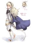  1girl arm_behind_back armor armored_leotard bangs barefoot black_gloves black_hairband blue_cape cape corrin_(fire_emblem) corrin_(fire_emblem)_(female) faulds fire_emblem fire_emblem_fates full_body gloves hair_between_eyes hairband highres long_hair looking_back pointy_ears red_eyes robaco shiny shiny_hair sketch soles solo tail very_long_hair walking white_background white_hair 