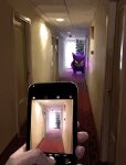 absurdres cellphone door gengar hallway highres horror_(theme) indoors nihei92729 phone pokemon red_eyes smile taking_picture 