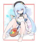  1girl absurdres ankle_cuffs barefoot blue_background blue_hair dress error1980 griseo hat highres honkai_(series) honkai_impact_3rd long_hair looking_at_viewer outline paintbrush palette_(object) purple_eyes red_outline solo thighs white_background 