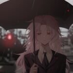  1boy black_jacket black_necktie black_umbrella chinese_commentary collared_shirt formal hatsutori_hajime highres holding holding_umbrella jacket long_hair necktie outdoors parted_lips pink_hair pollity red_eyes saibou_shinkyoku shirt solo suit suit_jacket umbrella white_shirt 