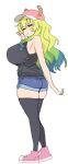  1girl ;) absurdres black_legwear black_shirt blonde_hair blush breasts denim denim_shorts dragon_horns full_body gradient_hair green_hair highres horns huge_breasts imamura_ryou kobayashi-san_chi_no_maidragon long_hair looking_at_viewer looking_back lucoa_(maidragon) multicolored_hair one_eye_closed shirt short_shorts shorts simple_background sketch skindentation sleeveless sleeveless_shirt smile solo thighhighs twisted_torso white_background 