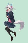  1girl animal_ear_fluff animal_ears black_legwear blue_bow blue_skirt bow brown_footwear fang green_background grey_hair highres kazuharu_kina open_mouth original pink_eyes short_hair simple_background skin_fang skirt sleeves_past_wrists smile solo tail thighhighs 