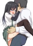  1boy 1girl arm_warmers asashio_(kancolle) belt black_hair blue_eyes blue_pants blush brown_belt brown_legwear clothed_sex clothing_aside comiching crying crying_with_eyes_open cum cum_in_pussy hair_between_eyes hetero kantai_collection leg_lift long_hair open_mouth panties panties_aside pants saliva saliva_trail sex shirt short_hair short_sleeves standing standing_missionary standing_on_one_leg standing_sex sweat tears thighhighs underwear vaginal white_background white_panties white_shirt 
