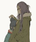  2girls bangs_pinned_back black-framed_eyewear blue_hair coat glasses green_coat hair_bun hair_flip hands_in_pockets highres kagamihara_sakura looking_at_viewer multiple_girls purple_hair rectangular_eyewear scarf shima_rin single_hair_bun striped striped_scarf tamaoki_benkyou winter_clothes yuri yurucamp 