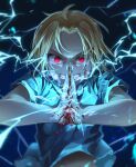  absurdres ahoge blonde_hair blood blood_on_face blue_shirt child clenched_teeth commentary crying crying_with_eyes_open edward_elric electricity facing_viewer forehead fullmetal_alchemist highres kimae male_focus own_hands_clasped own_hands_together red_eyes sharp_teeth shirt short_hair short_sleeves tears teeth upper_body v-shaped_eyebrows 