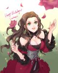  1girl :d breasts brown_hair character_name cleavage detached_sleeves dorothea_arnault dress earrings fire_emblem fire_emblem:_three_houses green_eyes happy_birthday jewelry large_breasts long_hair long_sleeves looking_up open_mouth red_dress red_sleeves robaco sketch sleeveless sleeveless_dress smile solo standing straight_hair very_long_hair 
