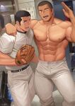  2boys ;d abs bag bara baseball_mitt bike_shorts black_hair dainyuu_(dgls) duffel_bag grey_hair hand_up highres large_pectorals locker locker_room male_focus multiple_boys muscular muscular_male navel one_eye_closed original pants pectorals short_hair smile standing white_pants yaoi 