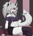  2022 anthro black_nose breasts canid canid_demon cellphone cleavage clothed clothing collar demon detailed_background digital_media_(artwork) eyebrows fangs female fluffy fluffy_ears fluffy_tail fur grey_hair grin hair hellhound helluva_boss hi_res holding_object holding_phone legwear looking_at_viewer loona_(helluva_boss) mammal navel pentagram phone red_eyes sebalestia sitting sitting_on_desk smartphone smile solo spiked_collar spikes stockings white_body white_fur 