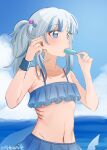  1girl artist_name bangs bikini blue_eyes blue_hair dice_hair_ornament fish_tail frilled_bikini frilled_swimsuit frills gawr_gura gills hair_ornament highres hololive hololive_english mittsu multicolored_hair ocean outdoors shark_girl shark_tail solo streaked_hair swimsuit tail virtual_youtuber 