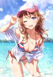  1girl absurdres bangs bare_shoulders baseball_cap bikini blue_eyes blue_sky blurry blurry_background blush breasts brown_hair buttons cleavage cloud cloudy_sky day earrings eyebrows_visible_through_hair fingernails hand_up hat highres jacket jewelry leaning_forward lips long_hair looking_at_viewer medium_breasts morikura_en nail_polish navel necklace ocean off_shoulder one_eye_closed open_mouth original outdoors scan shiny shiny_hair shiny_skin short_sleeves side-tie_bikini simple_background sky smile solo stomach striped striped_bikini swimsuit teeth thighs water water_drop zipper zipper_pull_tab 
