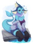  &lt;3 2022 anthro anthrofied bare_shoulders blue_body blue_skin blush bottomwear breasts cleavage clothed clothing eeveelution evomanaphy female hi_res jacket legwear nintendo open_mouth open_smile partially_submerged pok&eacute;mon pok&eacute;mon_(species) shorts signature smile solo swimming_pool topwear vaporeon video_games water 