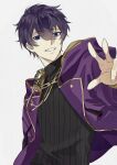  1boy black_sweater blue_eyes chain esse_shoto_ovo grin highres indie_virtual_youtuber jacket jewelry long_sleeves looking_at_viewer male_focus necklace open_clothes open_jacket purple_hair purple_jacket short_hair shoto_(vtuber) smile sweater upper_body virtual_youtuber 