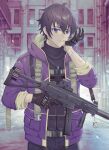  1boy adjusting_clothes adjusting_gloves alternate_costume american_flag bandaid bandaid_on_arm black_gloves black_hair blanc1771 cityscape earrings gloves gun highres holding holding_gun holding_weapon indie_virtual_youtuber jacket jewelry long_sleeves looking_at_viewer male_focus necklace open_clothes open_jacket purple_eyes purple_jacket scar scar_on_face scar_on_nose short_hair shoto_(vtuber) submachine_gun upper_body virtual_youtuber weapon 