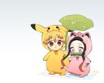  1boy 1girl agatsuma_zenitsu animal_costume bamboo black_hair blonde_hair blush chibi cosplay gag highres jigglypuff jigglypuff_(cosplay) kamado_nezuko kimetsu_no_yaiba leaf long_hair male_focus multicolored_hair pikachu pikachu_(cosplay) pikachu_costume pikachu_ears pink_eyes pokemon pokemon_ears pori_(kmt_pori) twitter_username water_drop yellow_eyes 