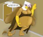  2022 absurd_res anthro avian beak belly big_belly big_breasts blush bodily_fluids breasts brown_body brown_feathers brown_fur clothing dialogue digitigrade door dress feathered_wings feathers female friendship_is_magic fur gilda_(mlp) gryphon hand_on_stomach hand_on_wall hi_res labor multicolored_body multicolored_feathers muscular muscular_female my_little_pony mythological_avian mythology navel outie_navel pregnant pregnant_growth purple_body purple_feathers solo sound_effects speech_bubble sweat sweatdrop tail_tuft tuft undyingwolf water_break white_body white_feathers wings yellow_eyes 