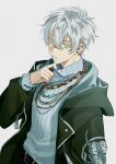  1boy adjusting_clothes alternate_color alternate_eye_color alternate_hair_color belt black_jacket chain dragon_print earrings esse_shoto_ovo highres indie_virtual_youtuber jacket jewelry long_sleeves looking_at_viewer male_focus necklace open_clothes open_jacket short_hair shoto_(vtuber) simple_background sweater tassel virtual_youtuber white_background white_hair white_sweater yellow_eyes 