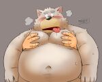  2022 anthro belly big_belly black_nose blush bodily_fluids canid canine canis domestic_dog eyes_closed grey_body groping_from_behind kemono male mammal moob_grab moobs navel overweight overweight_male simple_background solo_focus sweat tongue tongue_out toshi_(artist) 