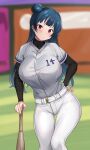  1girl ass_visible_through_thighs bangs baseball_bat baseball_cap baseball_uniform belt black_shirt blurry blurry_background blush breasts closed_mouth green_hair hair_bun hand_on_hip hat highres large_breasts layered_shirt leaning leaning_on_object leaning_to_the_side long_hair long_sleeves looking_at_viewer love_live! love_live!_sunshine!! outdoors pants purple_eyes shirt solo sportswear standing tem10 thigh_gap tsushima_yoshiko uniform white_belt white_pants 