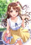  1girl absurdres bag bangs bare_shoulders blurry blurry_background blush bow bowtie bracelet breasts brown_eyes brown_hair buttons collarbone day earrings eyebrows_visible_through_hair frilled_skirt frills hair_bow hair_ornament hand_up handbag highres idolmaster idolmaster_cinderella_girls jewelry lips long_hair looking_at_viewer medium_breasts morikura_en necklace open_mouth outdoors scan shimamura_uzuki shiny shiny_hair side_ponytail simple_background skirt sleeveless smile solo teeth yellow_skirt 