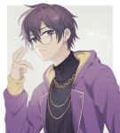  1boy adjusting_eyewear black_hair black_sweater blanc1771 chain earrings glasses indie_virtual_youtuber jacket jewelry long_sleeves looking_at_viewer male_focus necklace open_clothes open_jacket purple_eyes purple_jacket short_hair shoto_(vtuber) sweater virtual_youtuber 