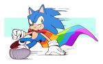  1boy alyrian blue_fur cape clenched_hand gloves hand_on_floor looking_to_the_side male_focus pointy_nose rainbow rainbow_flag running shoes smirk solo sonic_(series) sonic_the_hedgehog spiked_hair teeth 