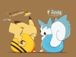  animal_focus brown_background doughnut english_text food from_behind highres looking_at_viewer looking_back no_humans oimo_kenpi pachirisu pikachu pokemon pokemon_(creature) pudding side-by-side soda tail tail_ornament 