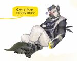 absurd_res anthro arknights bandolier belt blush clothed clothing confusion english_text fur gloves grey_body grey_fur hair handwear hi_res hyaenid hypergryph luoluokun517 male mammal multicolored_hair paws piercing sitting solo speech_bubble spot_(arknights) spotted_hyena studio_montagne text two_tone_hair video_games 