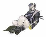  absurd_res anthro arknights bandolier belt clothed clothing fur gloves grey_body grey_fur hair handwear hi_res hyaenid hypergryph luoluokun517 male mammal multicolored_hair paws piercing sitting solo spot_(arknights) spotted_hyena studio_montagne thinking two_tone_hair video_games 