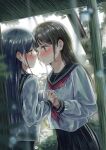  2girls absurdres arisugawa_bii black_hair blurry blush depth_of_field eye_contact green_eyes highres holding_hands interlocked_fingers long_hair looking_at_another multiple_girls original outdoors rain school_uniform serafuku shelter upper_body wet yuri 