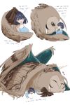  2girls absurdres animal animalization bangs bird blue_eyes blue_hair english_text feathers hair_intakes hair_ornament highres hololive hololive_english juno_ox multiple_girls multiple_wings nanashi_mumei_(owl) ouro_kronii oversized_animal owl short_hair sweater virtual_youtuber wing_hug wings 
