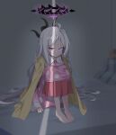  1girl 26th bangs barefoot bed bed_sheet blue_archive blurry coat coat_on_shoulders commentary_request demon_girl demon_horns depth_of_field eyebrows_visible_through_hair eyes_visible_through_hair forehead gloom_(expression) halo highres hina_(blue_archive) horns hugging_own_legs light long_hair long_sleeves looking_at_viewer official_alternate_costume pajamas parted_bangs pillow pink_pajamas polka_dot polka_dot_pajamas purple_eyes red_skirt sidelocks simple_background sitting skirt solo white_hair 