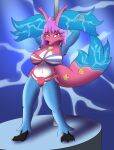  2022 ahoge anthro asterozoan bikini blue_body blue_fur braixen claws clothing echinoderm female fur hair hands_behind_back hi_res looking_at_viewer marine multicolored_body multicolored_fur nintendo pink_body pink_eyes pink_fur pok&eacute;mon pok&eacute;mon_(species) pole reapcreates831 seashell seashell_necklace shell signature simple_background solo starfish starfish_(accessory) stripper_pole swimwear toe_claws two_tone_body two_tone_fur video_games 