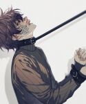  1boy animal_collar bandaid bandaid_on_cheek bandaid_on_face bandaid_on_nose black_choker black_sweater blood bound bound_wrists bruise bruised_eye choker collar heavyrain_dy highres indie_virtual_youtuber injury leash leash_pull long_sleeves looking_to_the_side male_focus nosebleed profile purple_eyes purple_hair shadow short_hair shoto_(vtuber) simple_background sweater virtual_youtuber 