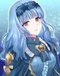  1girl bangs blue_cape blue_dress blue_hair blue_hairband blunt_bangs breasts brown_eyes cape center_frills closed_mouth commentary_request dress eyebrows_visible_through_hair fire_emblem fire_emblem:_three_houses fire_emblem_warriors:_three_hopes frills hairband kirishima_riona lace_hairband lips long_hair looking_at_viewer marianne_von_edmund medium_breasts pink_lips smile solo upper_body wavy_hair 