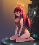  1girl absurdres anklet bandaged_arm bandages bangs barefoot breasts brown_dress cable closed_mouth dress full_body hair_between_eyes halo highres jewelry kneeling long_hair looking_at_viewer lumiawhite machinery off_shoulder original pink_pupils red_hair red_halo red_wings simple_background sitting small_breasts solo torn_clothes torn_dress tube wings 
