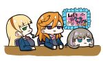  3girls @_@ bangs blonde_hair blue_eyes blue_jacket blunt_bangs brown_hair chibi collared_shirt commentary eyebrows_visible_through_hair flipped_hair grimace hair_between_eyes head_on_table head_rest heanna_sumire jacket light_brown_hair long_hair love_live! love_live!_superstar!! multiple_girls on_chair oofushi_ao open_clothes open_jacket open_mouth orange_hair profile purple_eyes rectangular_mouth school_uniform shibuya_kanon shirt sign signature simple_background sitting sitting_sideways string_tie table tang_keke white_background winter_uniform yuigaoka_school_uniform 