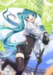 1girl absurdres black_bodysuit bodysuit flag hatsune_miku highres holding holding_flag long_hair looking_at_viewer nagitofuu racing_miku racing_miku_(2022) solo standing standing_on_one_leg twintails very_long_hair vocaloid 