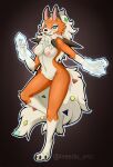  3_toes anthro anthrofied blush body_blush breasts canid canine dusk_lycanroc feet female genitals hi_res ineedanaccount lycanroc mammal nintendo nipples pok&eacute;mon pok&eacute;mon_(species) pussy pussy_blush simple_background solo standing toes tongue tongue_out video_games 