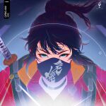  1girl black_hair choker covered_mouth floating_hair green_eyes highres mask mouth_mask original park_junkyu ponytail portrait short_hair solo sword weapon weapon_on_back 
