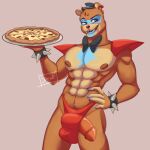  abs absurd_res animatronic anthro big_penis bow_tie bracelet brown_body brown_fur bulge clothing dirokuvu five_nights_at_freddy&#039;s five_nights_at_freddy&#039;s:_security_breach food fur genitals glamrock_freddy_(fnaf) hi_res humanoid jewelry machine male mammal muscular muscular_male nipples penis pizza poking_out red_clothing robot scottgames solo speedo spiked_bracelet spikes swimwear underwear ursid video_games 