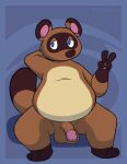  animal_crossing anthro belly brown_body brown_fur canid canine fur gatogallery genitals gesture hi_res humanoid_genitalia humanoid_penis looking_at_viewer male mammal nintendo nude overweight overweight_male penis pinup pose presenting presenting_penis procyonid raccoon raccoon_dog simple_background solo spreading tanuki tom_nook_(animal_crossing) v_sign video_games 