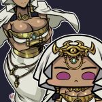 1girl :&lt; black_hair breast_hold breasts chibi cleavage commentary_request dark-skinned_female dark_skin duel_monster egyptian egyptian_clothes forehead forehead_jewel hair_tubes hood hood_up ishizu_ishtar jazz_jack lowres millennium_necklace solid_circle_eyes solo v-shaped_eyebrows white_robe yu-gi-oh! 