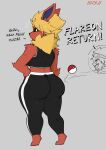  akibarx anthro anthrofied big_butt bottomwear bra breasts butt clothed clothing dialogue duo eeveelution female flareon fluffy fluffy_tail fur hi_res human isaac_(akibarx) male mammal neck_tuft nintendo pants pok&eacute;mon pok&eacute;mon_(species) pok&eacute;morph red_body red_fur sports_bra thick_thighs tuft underwear video_games wide_hips yellow_body yellow_fur yoga_pants 