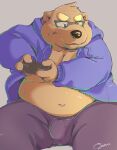  0ottotto0 2017 absurd_res anthro belly big_belly bottomwear brown_body bulge clothed clothing controller eyewear game_controller glasses hi_res hoodie humanoid_hands kemono male mammal moobs navel open_clothing open_hoodie open_topwear overweight overweight_male pants solo topwear ursid 