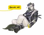  absurd_res anthro arknights bandolier belt clothed clothing english_text fur gloves grey_body grey_fur hair handwear hi_res hyaenid hypergryph luoluokun517 male mammal multicolored_hair paws piercing sitting solo speech_bubble spot_(arknights) spotted_hyena studio_montagne text two_tone_hair video_games 