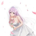  1girl absurdres bangs bare_arms bare_shoulders blush bouquet breasts character_request cleavage closed_mouth collarbone commentary copyright_request dress english_commentary flower highres jewelry large_breasts long_hair looking_at_viewer necklace petals purple_eyes purple_hair see-through smile sogogy veil wedding_dress white_background white_dress 