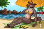  2022 5_fingers 5_toes absurd_res anthro barefoot beach beach_towel beach_umbrella beastars big_breasts bikini bikini_bottom bikini_top black_nose breasts canid canine canis cheek_tuft claws cleavage clothed clothing cooler day digital_media_(artwork) elbow_tufts facial_tuft feet female finger_claws fingers footwear fur grey_body grey_fur hi_res hindpaw humanoid_hands juno_(beastars) mammal multicolored_body multicolored_fur navel palm_tree paws pinup plant pose sand sandals seaside signature sitting smile solo sun swimwear tan_body tan_fur therod-r toe_claws toes towel tree tuft two_tone_body two_tone_fur under_boob water wolf yellow_bikini yellow_clothing yellow_swimwear 